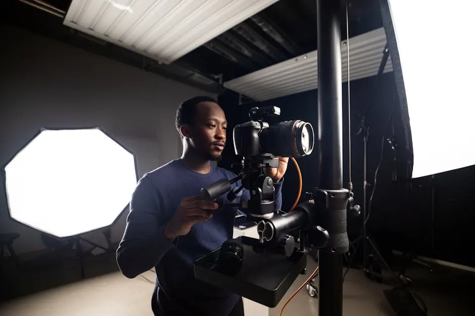 Editorial frame, environmental portrait, low-key light
