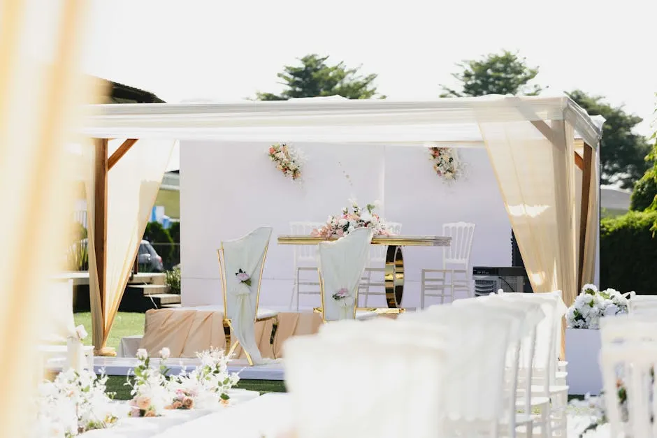 Detail of florals and tableware at a wedding reception