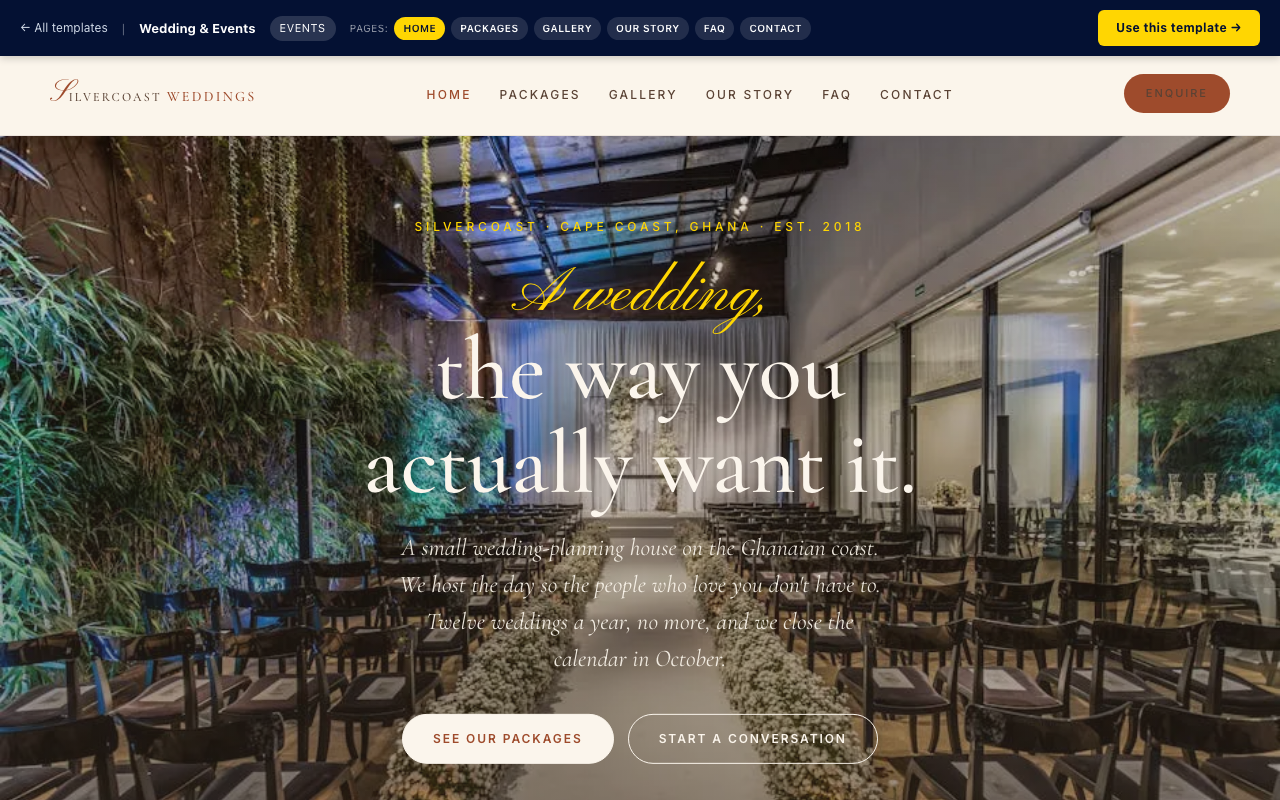 Wedding & Events — home page screenshot