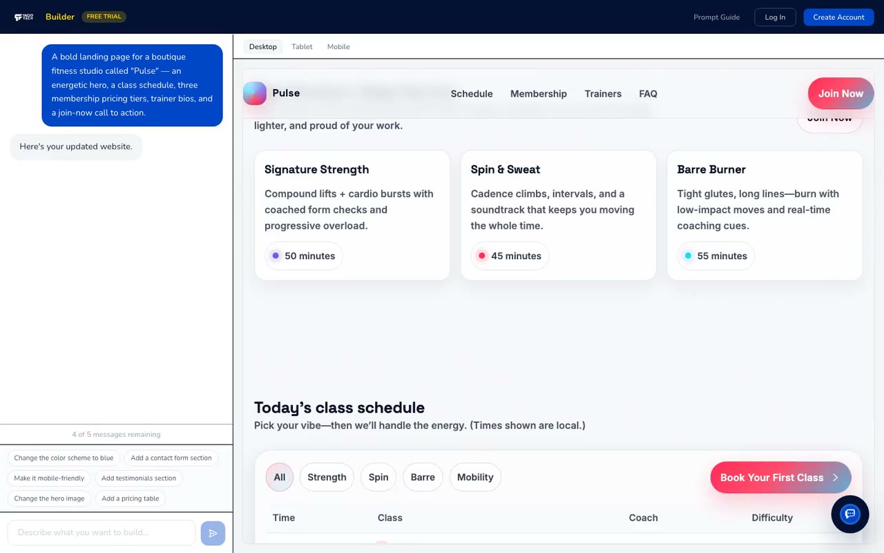 Screen recording: building a fitness studio site with schedule and pricing in the editor